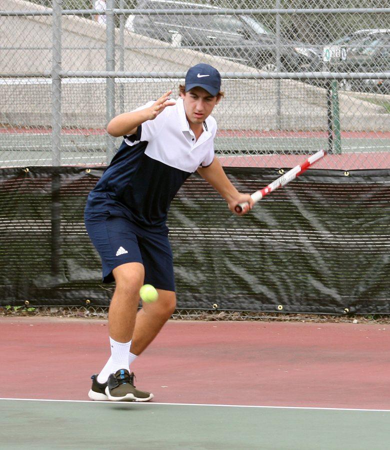 Brandon Giordanelli waits to return the ball in the teams 10-9 victory on Tuesday Sept. 6. The match was against the Steele Knights at Smithson Valley.