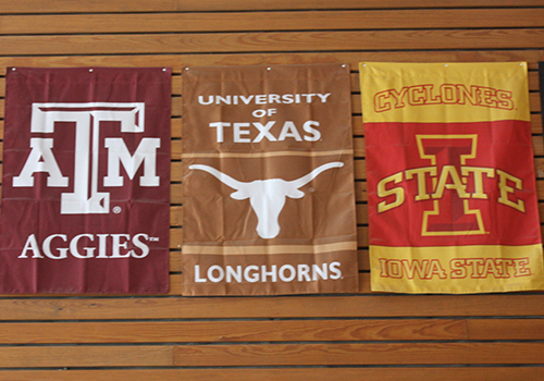 College banners hanging in the senior dinning hall.