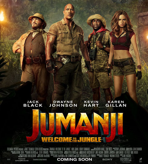 Jumanji: Welcome to the Jungle stars actors Dwayne Johnson, Kevin Hart, Karen Gillian, and Jack Black.
