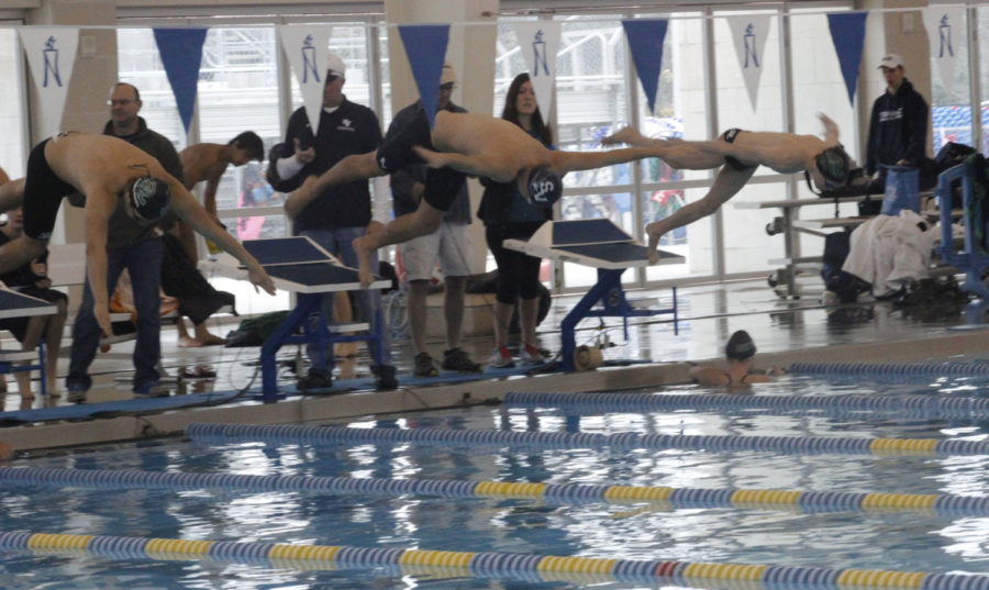 Junior Shaun Besch (Center), dives in for the 200 yard freestyle at the dual meet against Reagan Jan 6.