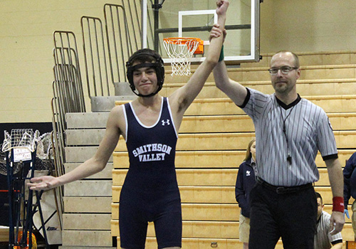 Freshman Zarek Holley claims victory over an opponent at the Akins wrestling meet on Feb. 7 at home. Holley finished 6th overall at the regional tournament this past weekend at San Antonio Blossom, marking SVs first boy Regional Placer. 