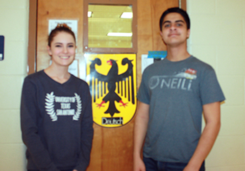 Juniors Payton Gomien and Luey Garcia (left to right) stand in front of their German classroom in A wing. Garcia placed fifth in Spelling. 