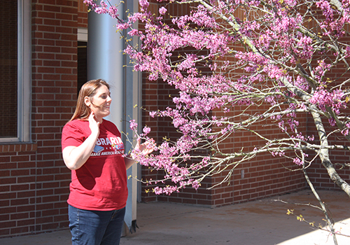 Librarian Amanda Trussell enjoys the first day of spring outside with the Texas Redbuds outside of the library on March 20.