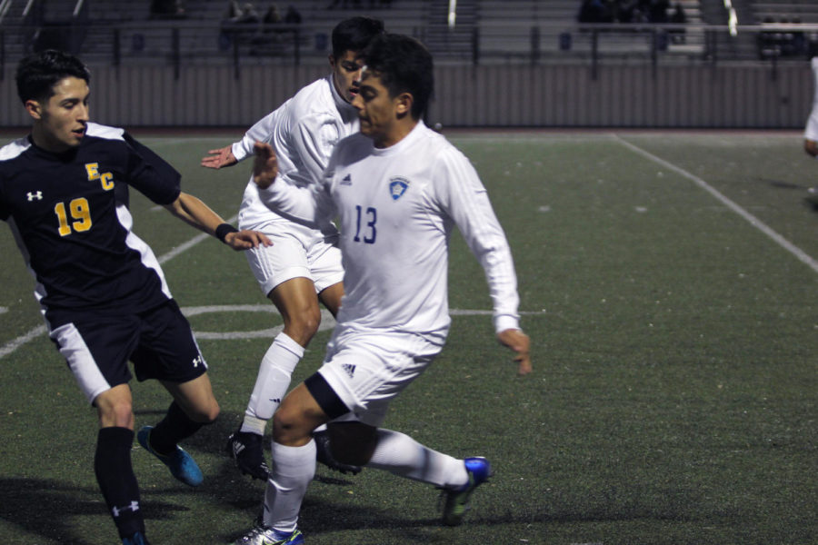 Senior Nathaniel Diaz slices through the defense during the teams 2-0 victory over East Central at home on Feb 2. 