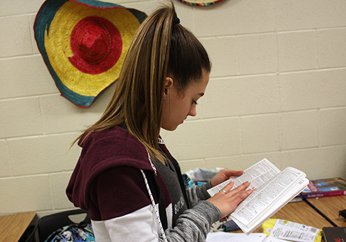 Freshman Zoey Madigan flips through a Spanish-to-English dictionary as she searches for the right word to fit in her Spanish project for Chris Helkeys Helkey’s seventh period class.  
