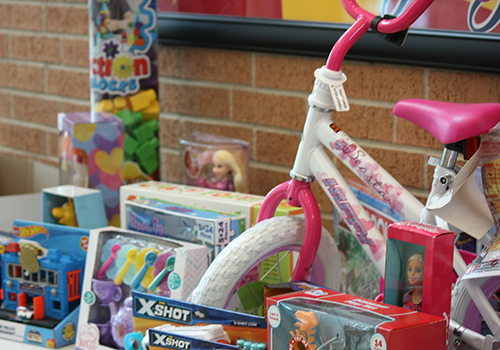 Toys include dolls, blocks and bikes for children. The drive runs until the end of November.