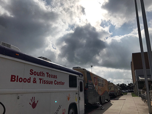 The blood trucks wait to open their doors to donors amid a sunny day.