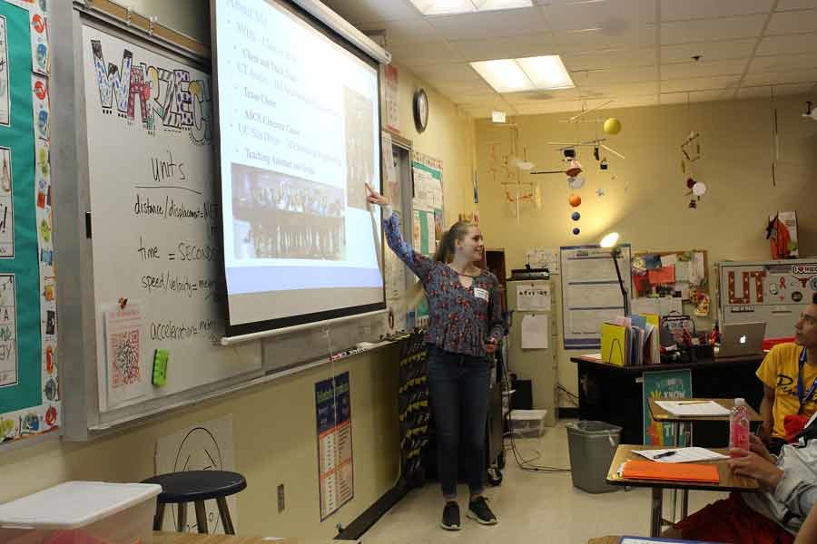 During an AP Physics class, 2014 graduate Courtney Logsdon talks to students about architecture and structural engineering and her studies at the University of Texas. 
