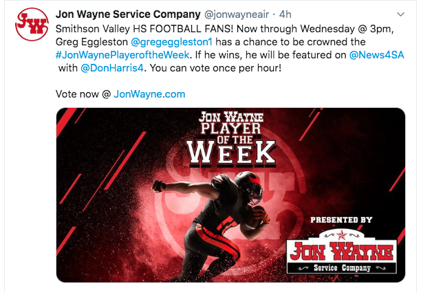 After his performance in tje 44-0 romp over Madison Thursday night, senior Greg Eggleston stands to be voted Jon Wayne Player of the Week.