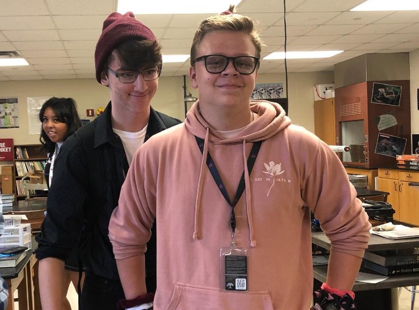 While in his third period AP Biology class, junior Levi Worley attempts to intimidate junior Clayton Sellers while dressed as an e-boy for spirit week.