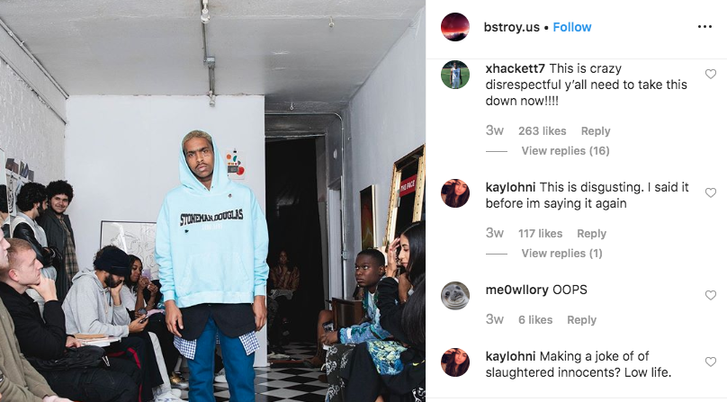 This BStory Instagram post drew criticism and backlash from people who called for the company to take down the post and ditch plans to make the streetwear with the names of school shootings.