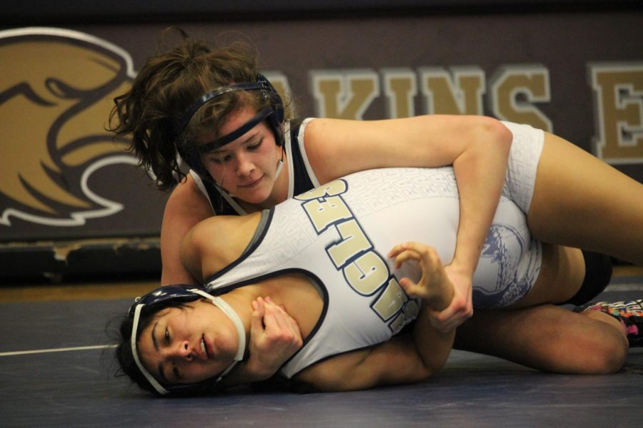Sage Benca wrestles an opponent during this past weekends wrestling meet. Benca will compete in this weekends meet in Austin.