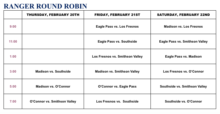 Here is the schedule for the annual Ranger Round Robin tournament this weekend.