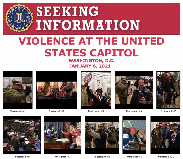 The FBI is requesting information regarding individuals sparking violence at the Capitol storm via released photographs. Tips can me made on the FBI website. https://www.fbi.gov/wanted/capitol-violence 