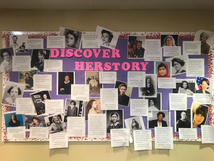The Discovering ‘Herstory’ bulletin board in the library showcases influential women in history. Librarian Amanda Trussell decorated the board with the intention of spreading awareness for Women’s History Month.
