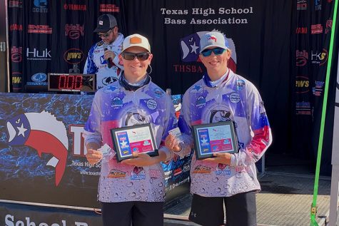 Braxton Alexander & Cade Dornburg show off their plaques for THSBA Hill Country Division - Anglers of the Year