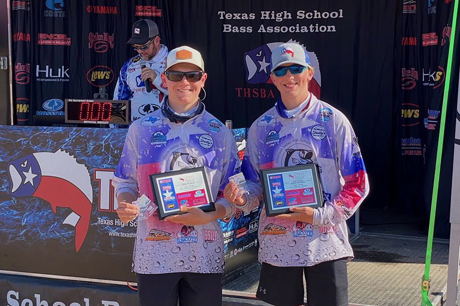 Braxton Alexander & Cade Dornburg show off their plaques for THSBA Hill Country Division - Anglers of the Year