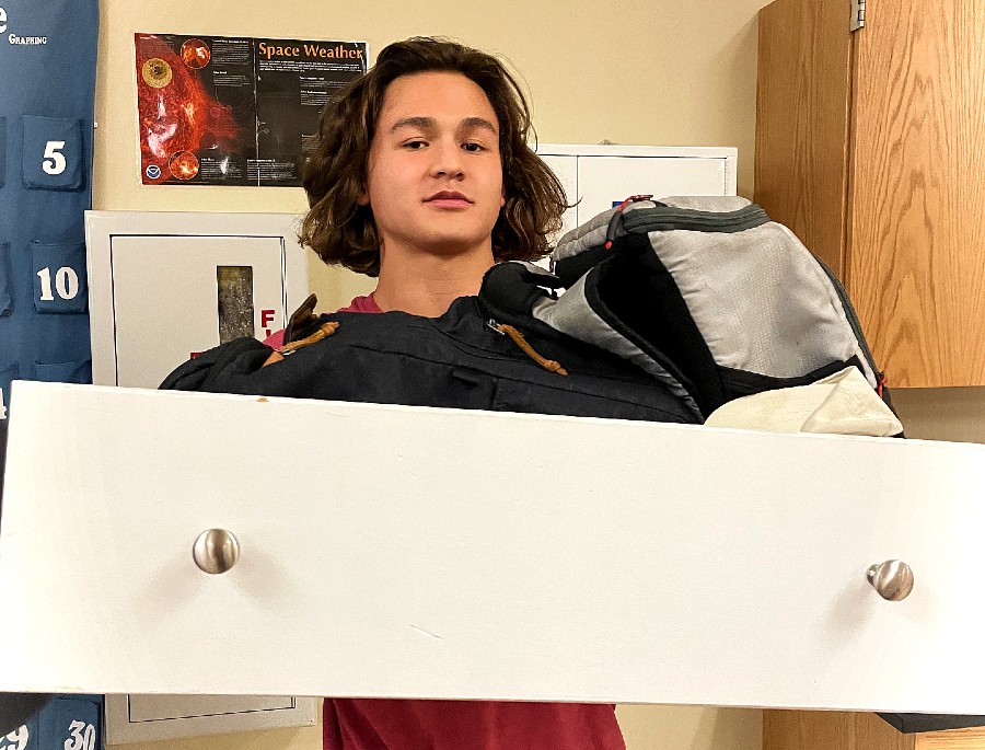 Colin Doyle brings a dresser drawer for anything but a backpack day. Wednesday was anything but a backpack day to show support for Red Ribbon Week.