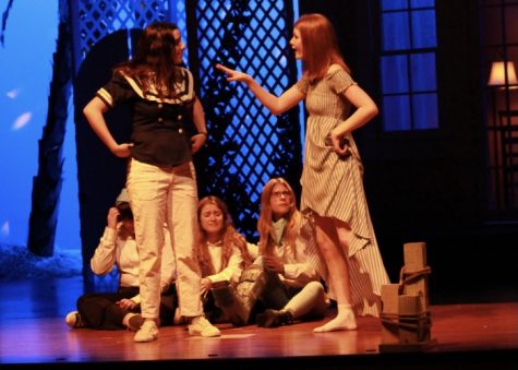 Ellie Seamster, Aidenne Despres, Virginia Price, Aubree Reynaud and Julie Lewis perform a scene from Twelfth Night, during one of their last dress rehersals before their performance this week. Theater rehearses everyday after school until 5:30 and on Saturdays.