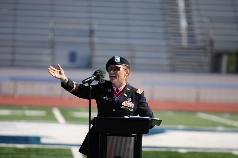 Lieutenant Colonel Lisa Jaster spoke to students, faculty and Veterans at the annual school-wide assembly.