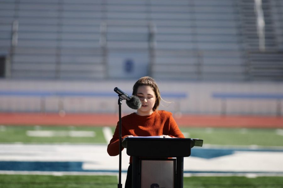 Student Council President Ainsley Milikien addressed the crowd on Veterans day last week.