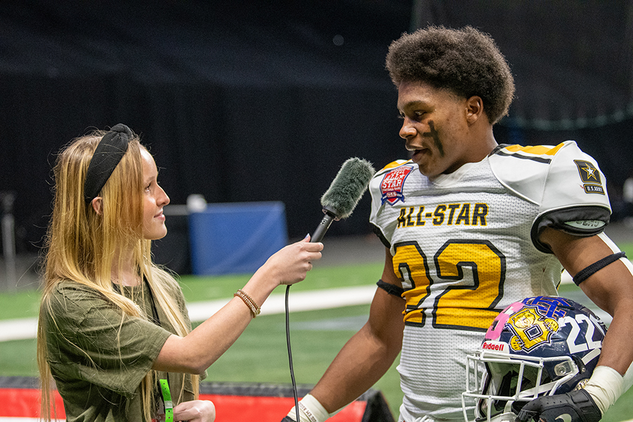 Staff writer Kaley Bonds interviews Malachi Lane after Team Golds 18-9 victory. Lane earned District 27-6A MVP honors after racking up 92 tackles and 12 tackles for loss.