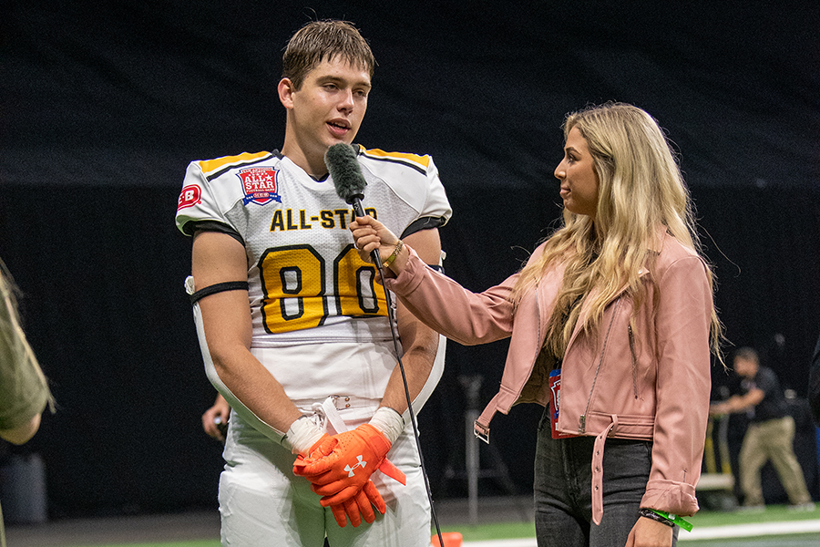 Staff writer Reeve Bonser interviews Dylan Domel after Team Golds 18-9 victory. Lane earned first team All-District 27-6A honors after catching 26 passes for 486 yards and seven touchdowns.
