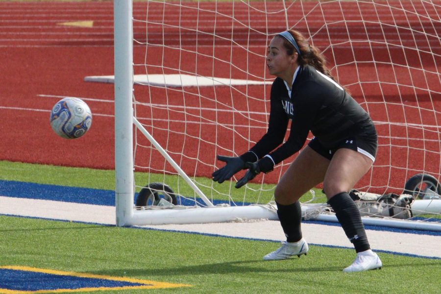 Captain Melyna Martinez prepares for a save in a preseason scrimmage against Alamo Heights.