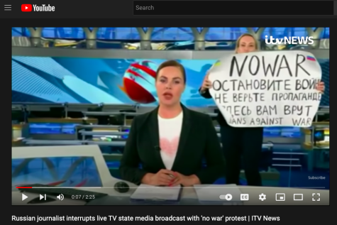 In this video posted on YouTube by ITV News, Russian journalist                     protests on live TV her countrys war with the Ukraine