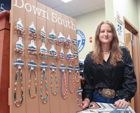 The display of Hayley Ferros new jewelry line, Down South, is available in the student store.