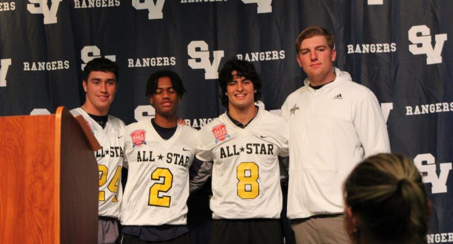 SVHS Rangers Gavin Woods, TJ Hunt, and David Dehoyos getting the All stars jersey to play in the game. Colton Thomasson was invited to play in the All-American Bowl.