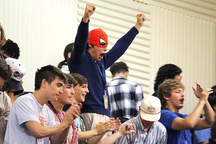 A senior Spider-man fan cheers for Seth Permenter during his speech.