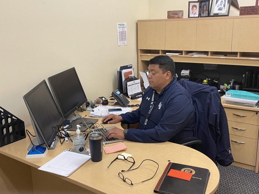 Assistant principal Tony Trevino at his newly assigned desk in student services.
