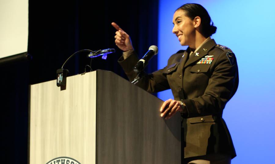 1st Lit. Megan OLeary addressed veterans and high school students during Thursdays annual Veterans Day ceremony in the auditorium.