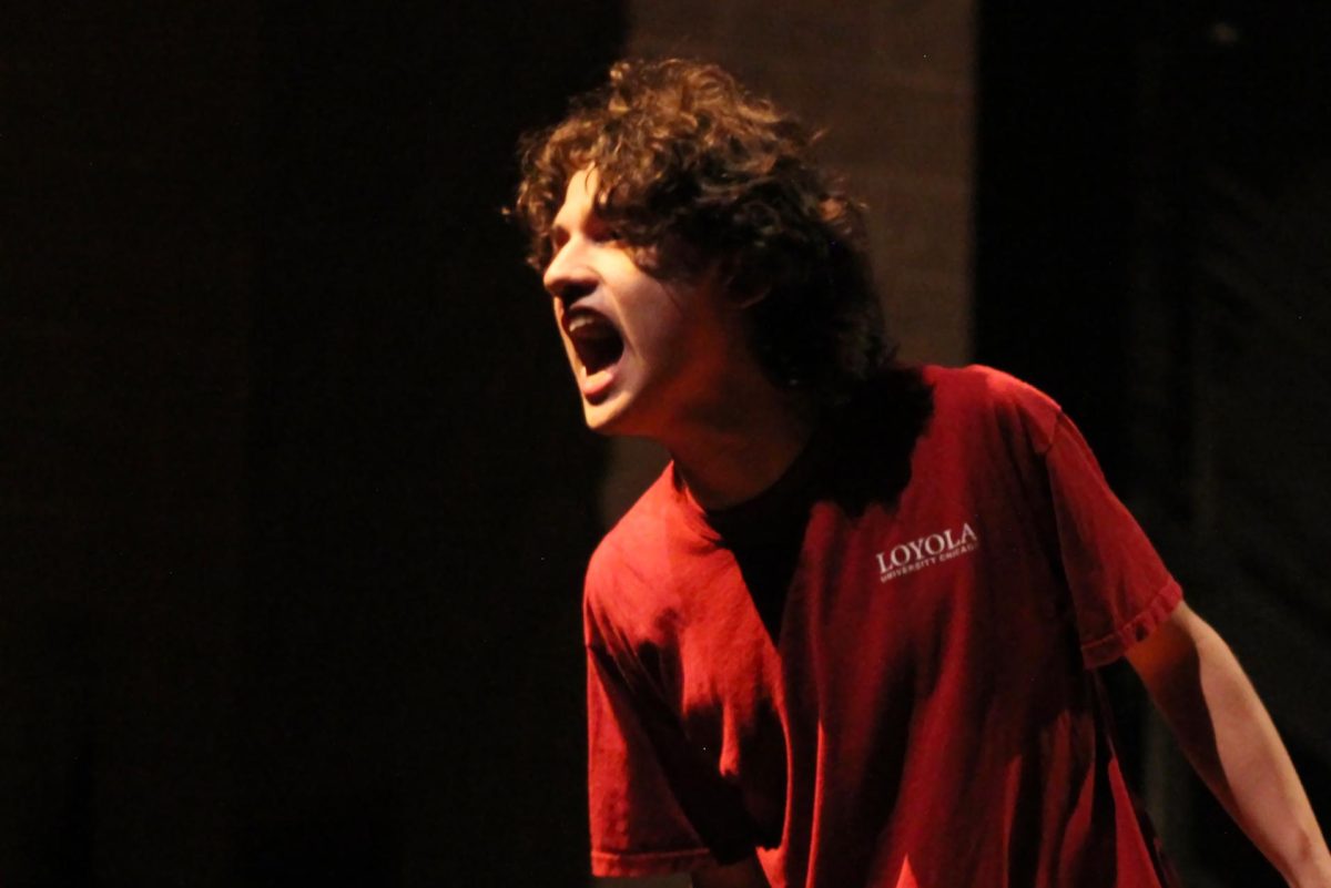 Sophomore+James+Berry+rehearses+for+his+role+of+Hamlet+on+Oct.+24.