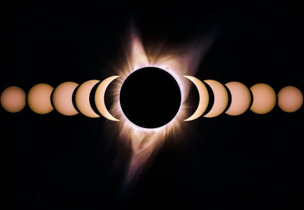 from Bryan Goff: This is a composition I made during the eclipse (in August 2017). It shows the beginning of the eclipse all the way to totality in the center. Each photo was taken about 10 minutes apart. I took these photos at Crooked River Ranch in Oregon. I just happened to find this spot on Google maps. I am very pleased with the outcome. Photo by Bryan Goff on Unsplash