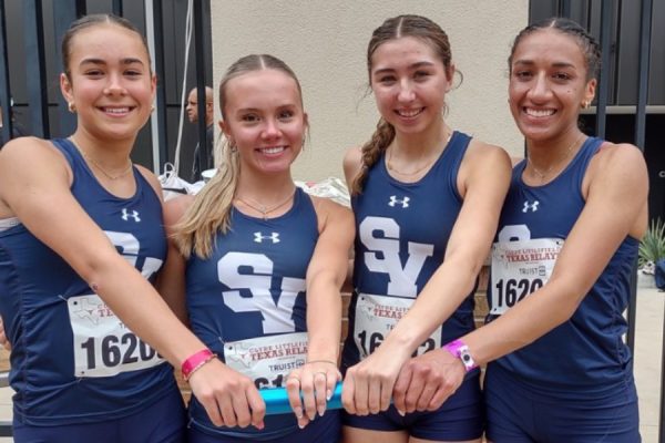 (From left to right) Freshman Izzy Sutherland, sophomore Lilly Koenig, junior Mia Perez, and senior Jazmyn Singh placed 4th at the Texas Relays event which was held this past weekend at UT. Singh, the Princeton commit, had anchored the 4x200 10 minutes earlier and then came back to anchor the 4x800.