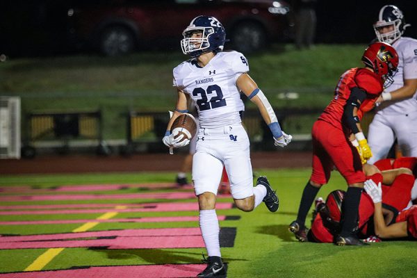 After a three-yard jaunt, senior Daniel DeHoyos scoots across the goal line during district action Thursday against Victoria East.